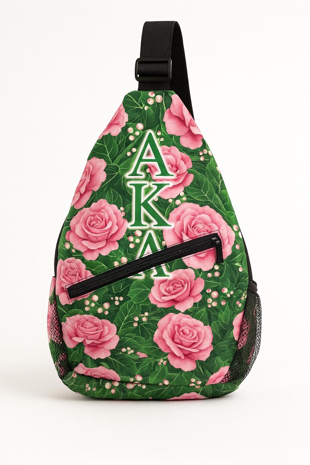 AKA Sling Backpack with Pink Rose Floral Pattern, Adjustable Strap and Zipper Pocket, Sorority Travel Bag Gift for Women