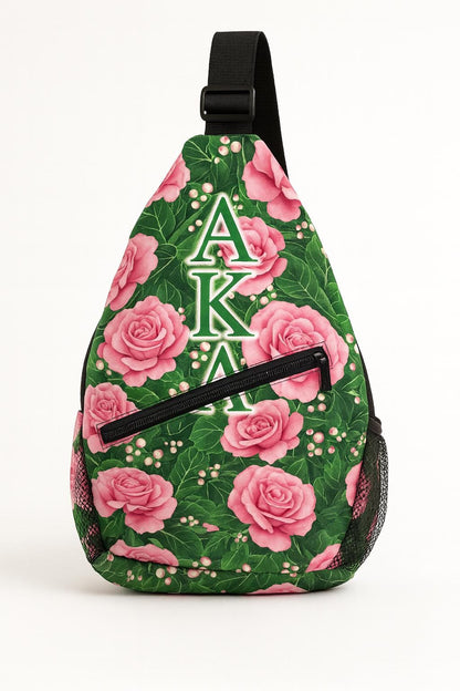 AKA Sling Backpack with Pink Rose Floral Pattern, Adjustable Strap and Zipper Pocket, Sorority Travel Bag Gift for Women
