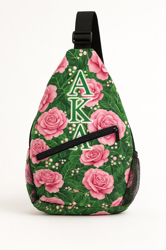 AKA Sling Backpack with Pink Rose Floral Pattern, Adjustable Strap and Zipper Pocket, Sorority Travel Bag Gift for Women