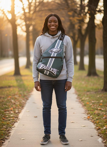 Philadelphia Eagles NFL crossbody backpack with zipper pockets, stylish Eagles travel shoulder bag