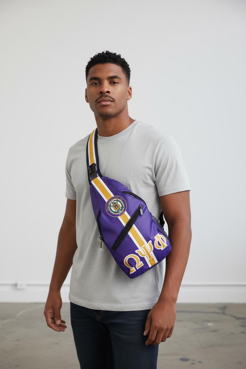 Omega Psi Phi Sling Backpack with Fraternity Crest and Greek Letters