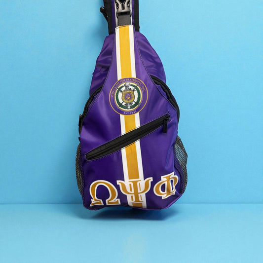 Omega Psi Phi Sling Backpack with Fraternity Crest and Greek Letters