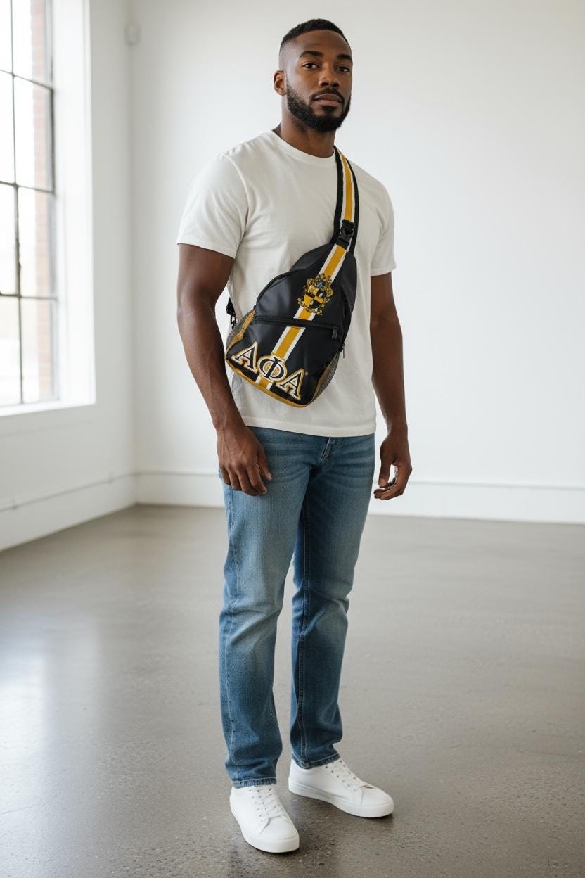 Alpha Phi Alpha Sling Backpack, Black and Gold Crest, Crossbody Bag
