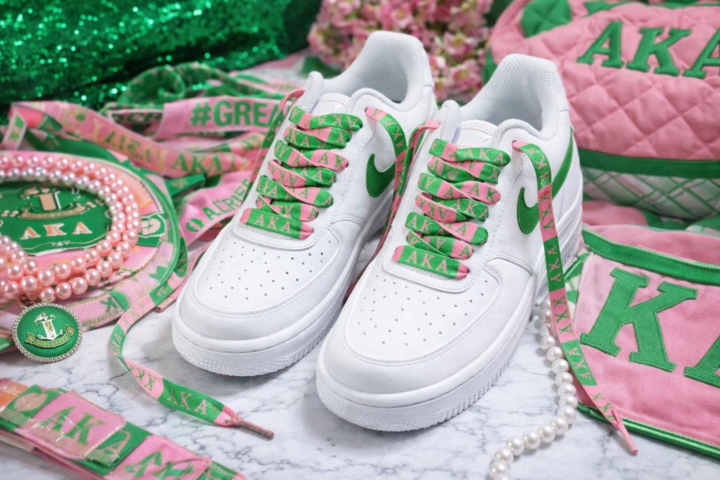 Alpha Kappa Alpha Sorority Shoe Laces AKA Pink Green 125x1.2cm