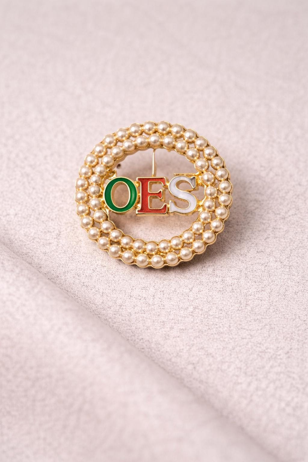 Order of the Eastern Star OES Pearl Brooch Pin with Red Green Gold Letters |