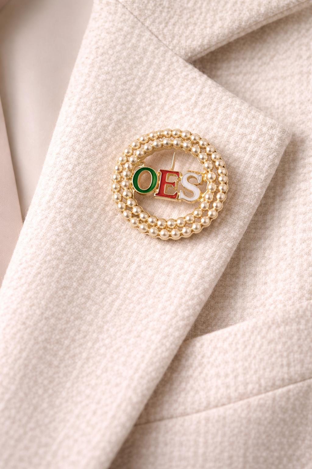 Order of the Eastern Star OES Pearl Brooch Pin with Red Green Gold Letters |