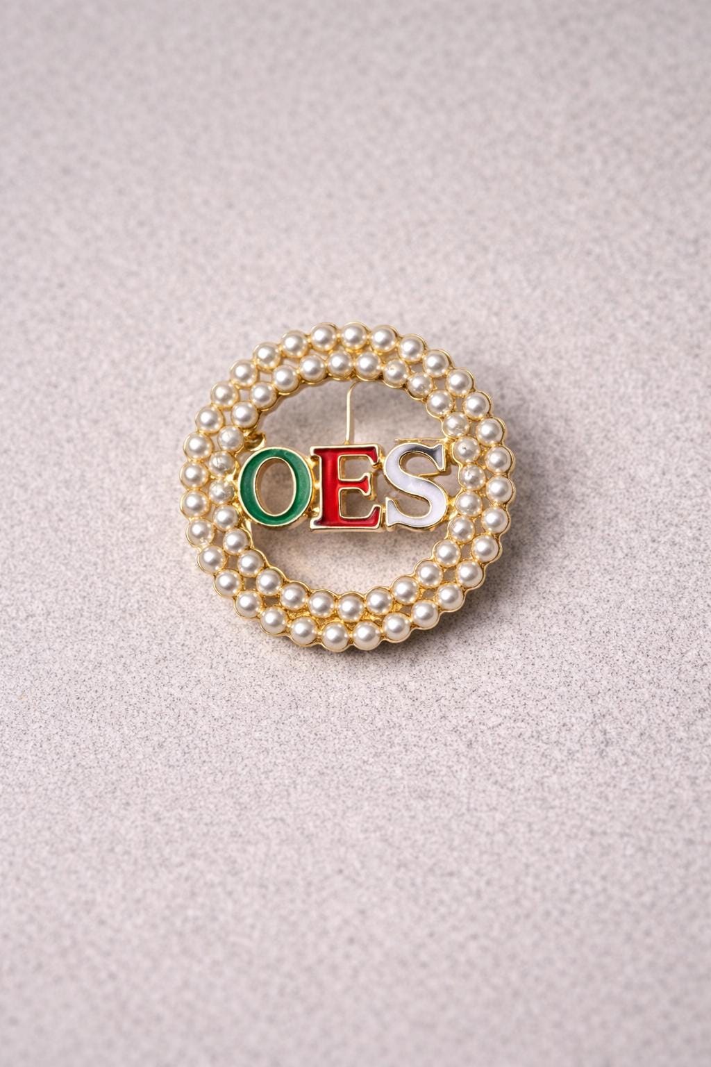 Order of the Eastern Star OES Pearl Brooch Pin with Red Green Gold Letters |