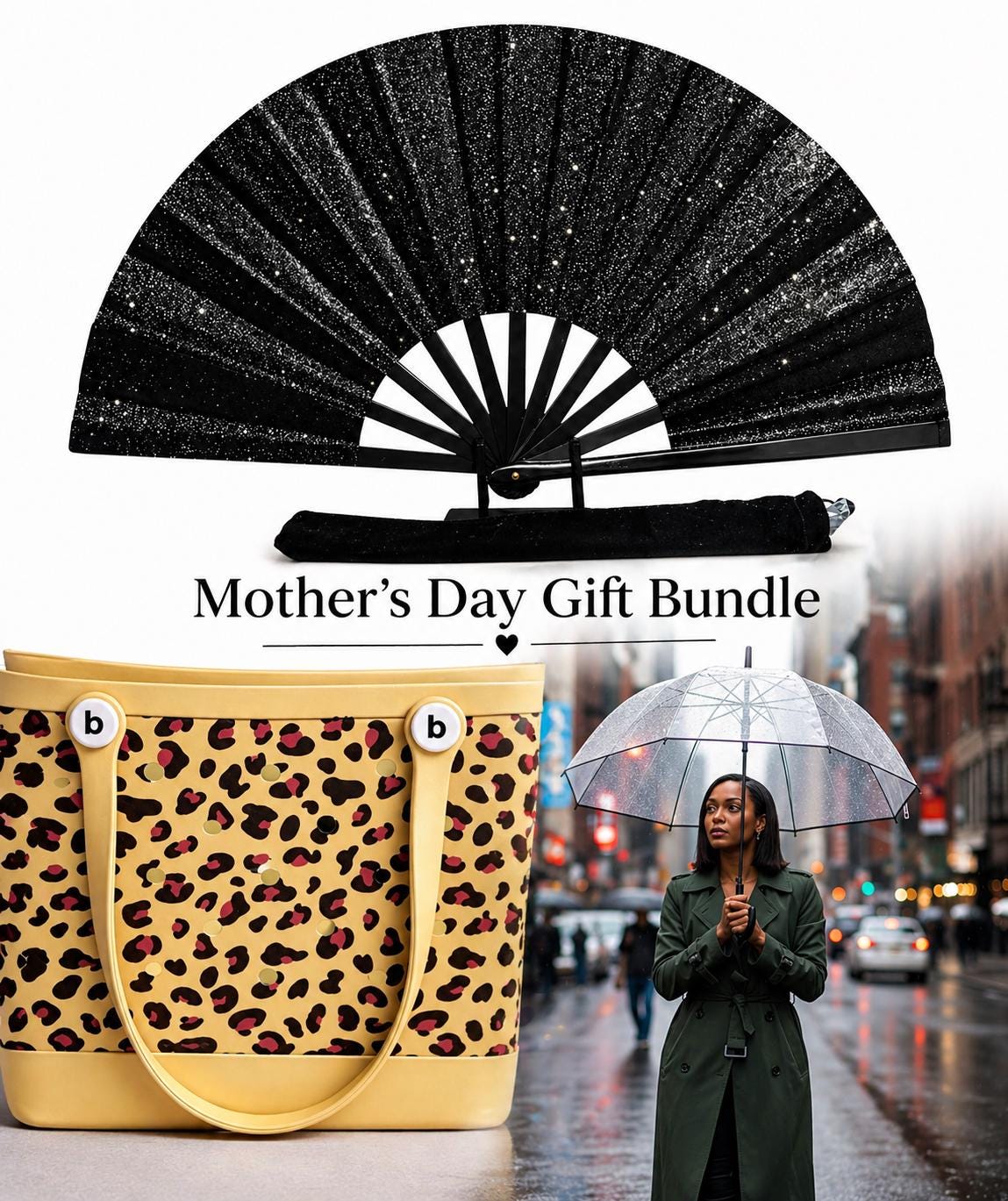 Mother’s Day Gift Bundle | Black Glitter Clack Fan + Clear Umbrella + Leopard Tote Bag | Stylish Gift for Mom |