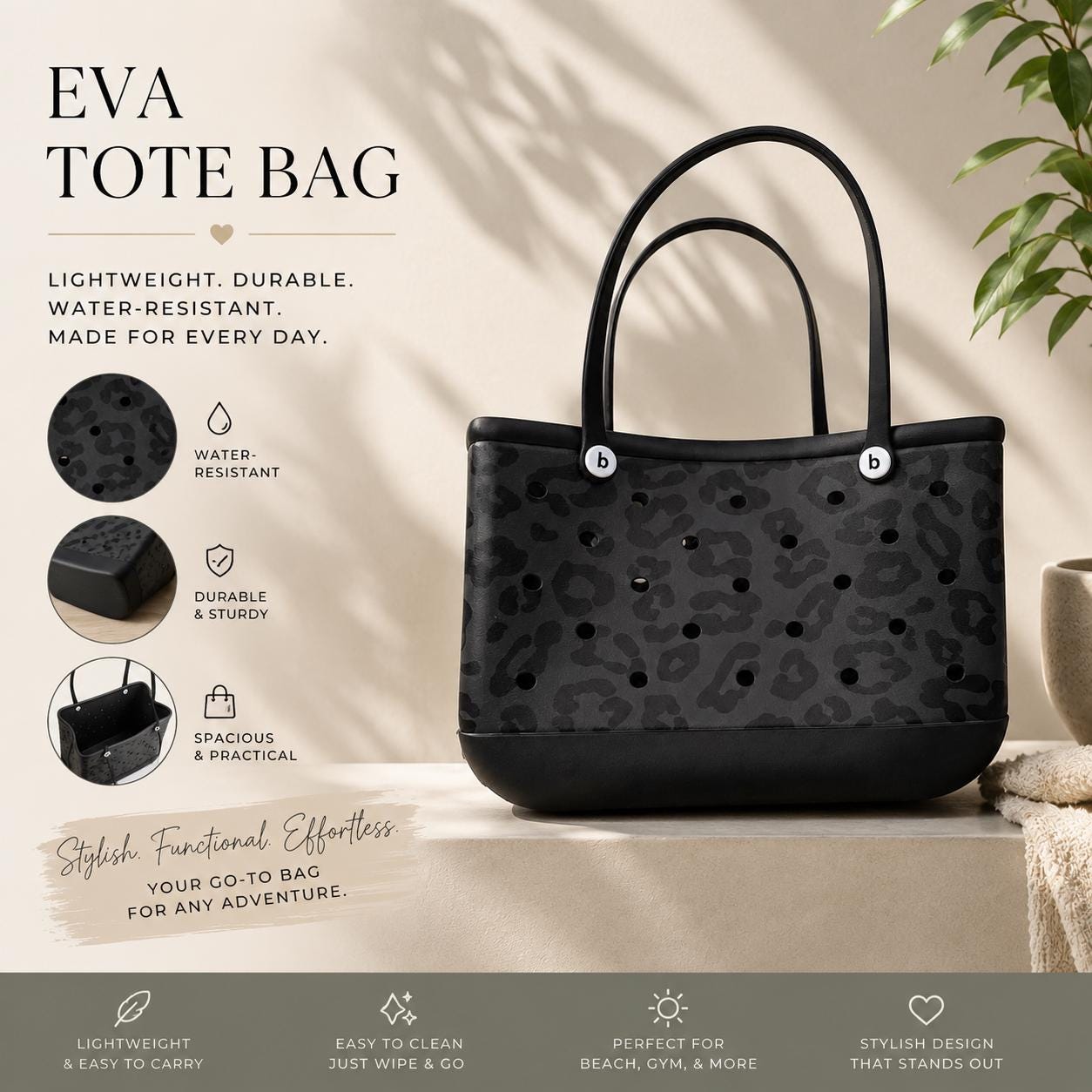 Large Black Leopard EVA Tote Bag