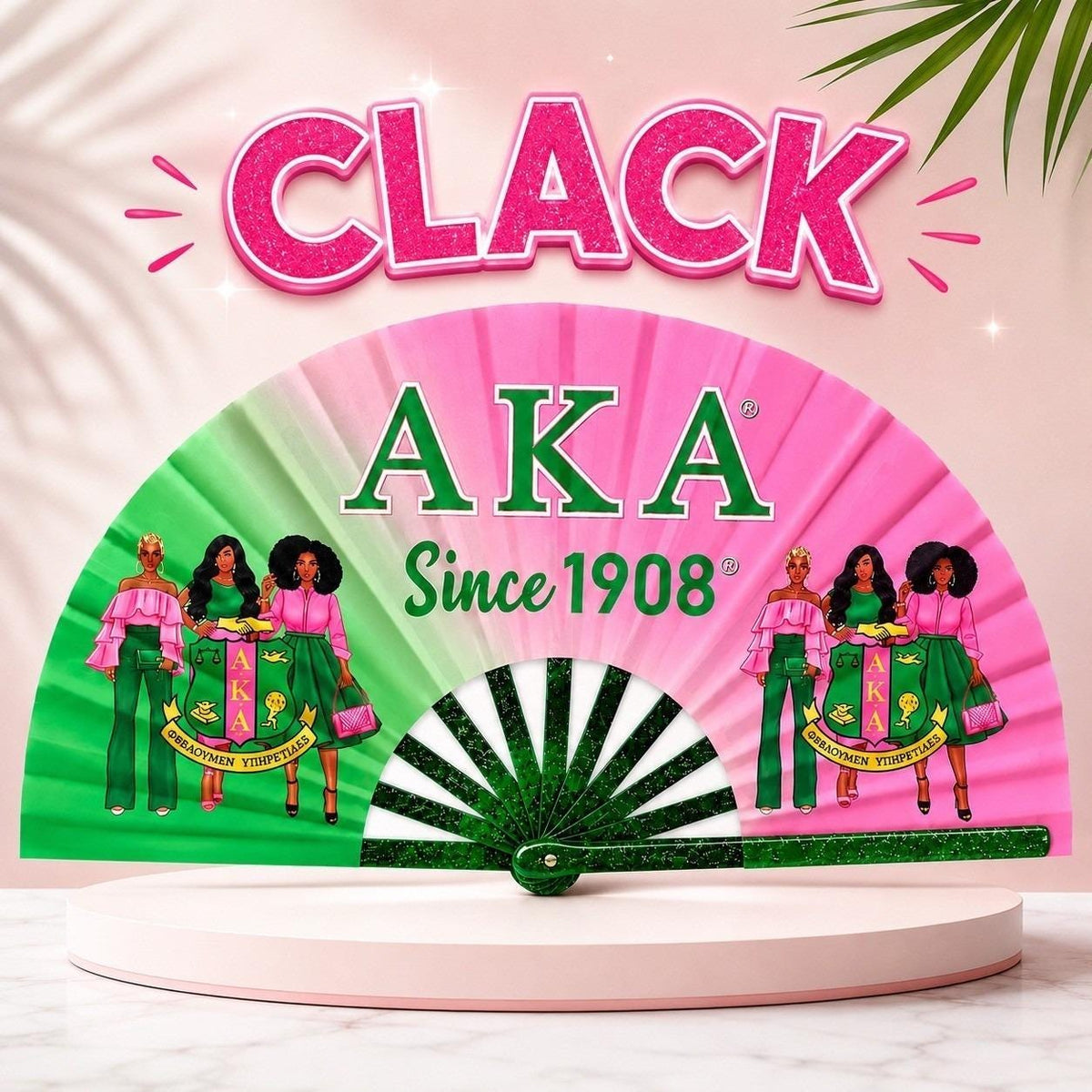 AKA Sorority Clack Fan, Alpha Kappa Alpha 1908 Folding Hand Fan, Pink Green Game Day Fan, AKA Sister Gift