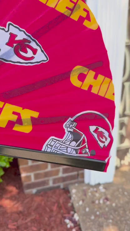 Kansas City Chiefs Hand Fan with Bold Red Yellow Logo Design, Custom NFL Folding Fan for Tailgating, Game Day Sports Fan Gift Idea