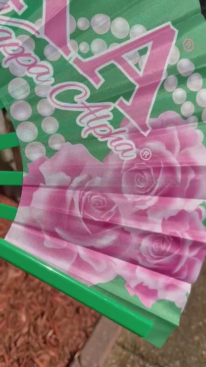 AKA Handheld Folding Fan - Sorority Clack Fan, ΑΚΑ Sorority Fan, Pink and Green Fan, Roses Hand Fan, Decorative Fan, Folding Hand Fan